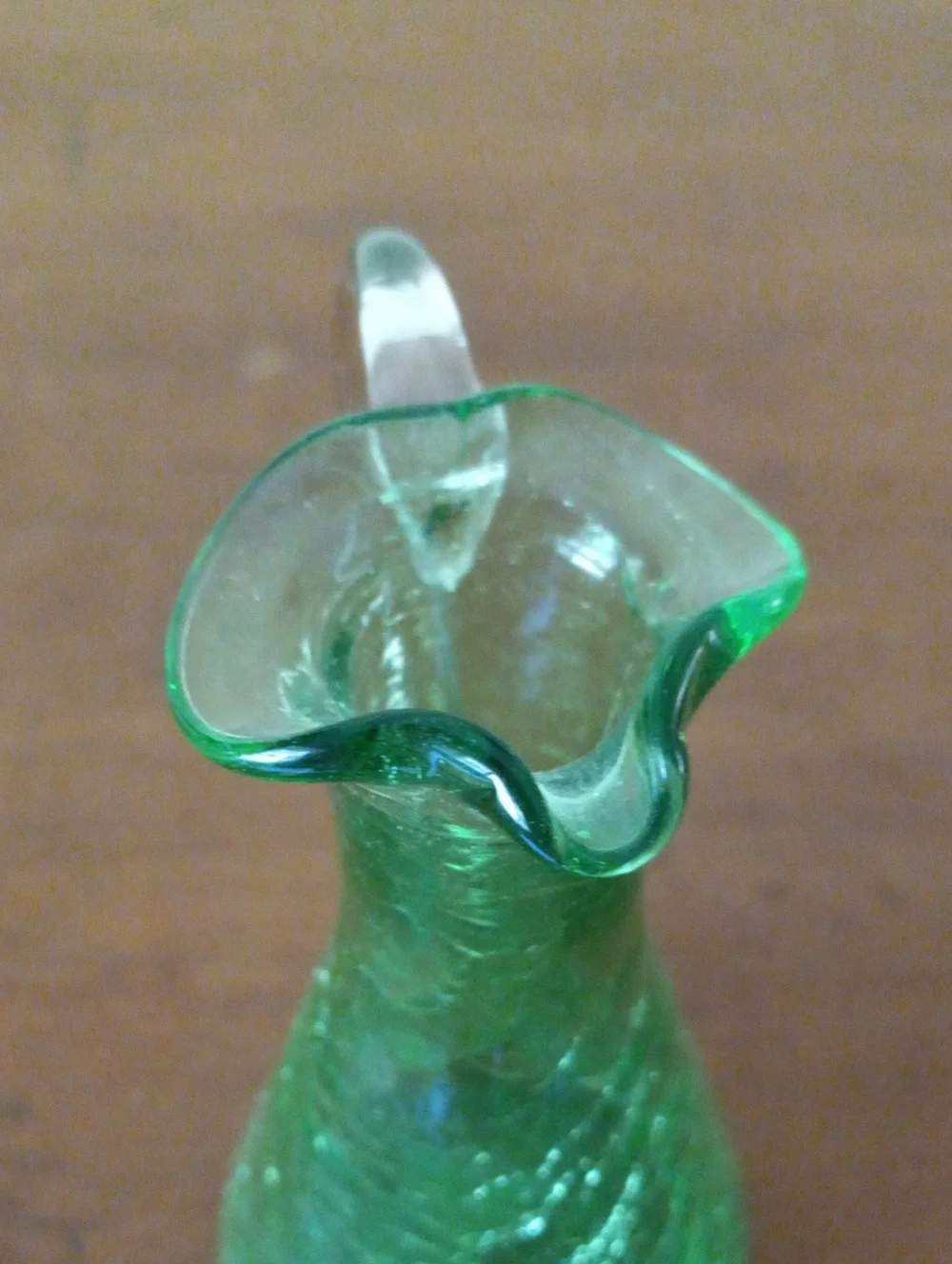 Green Crackle Art Glass Pitcher Vase with Clear Handle